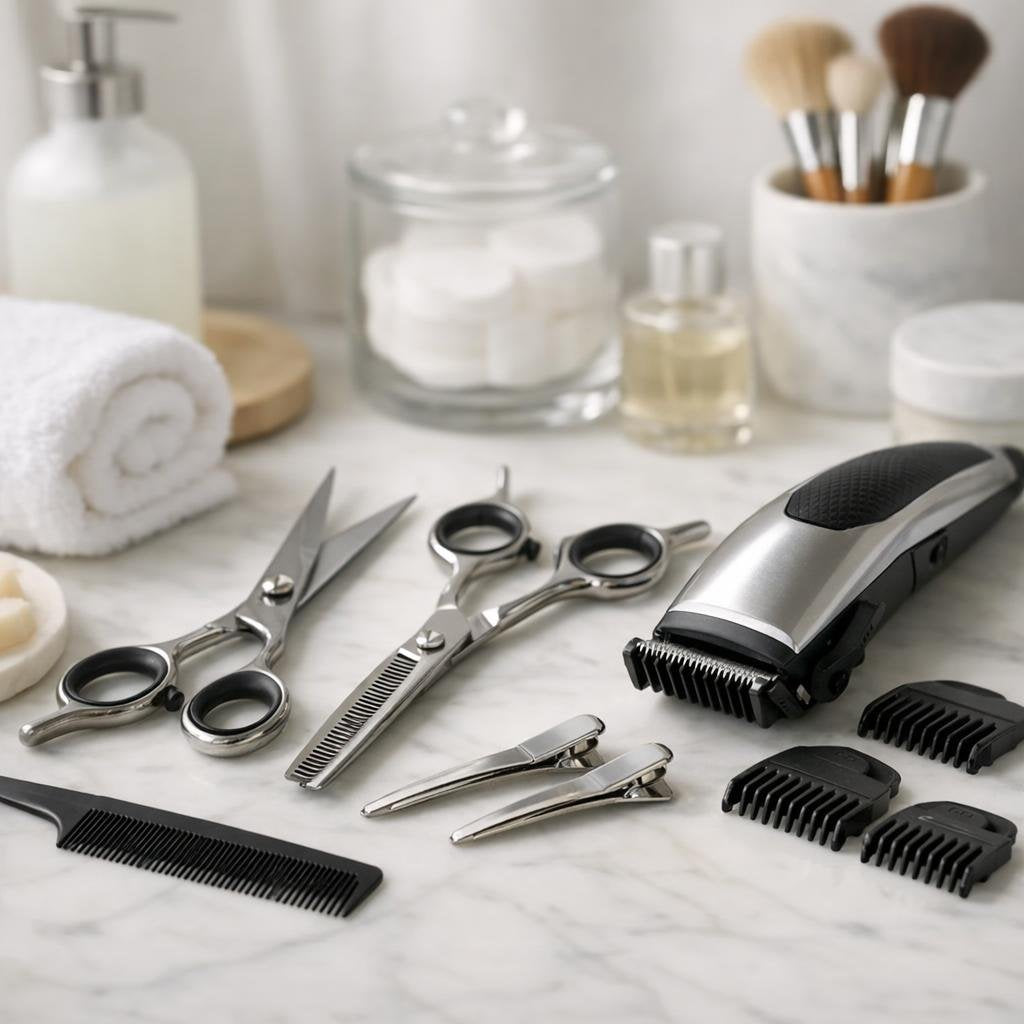 Hair cutting tools set with clippers, scissors and comb