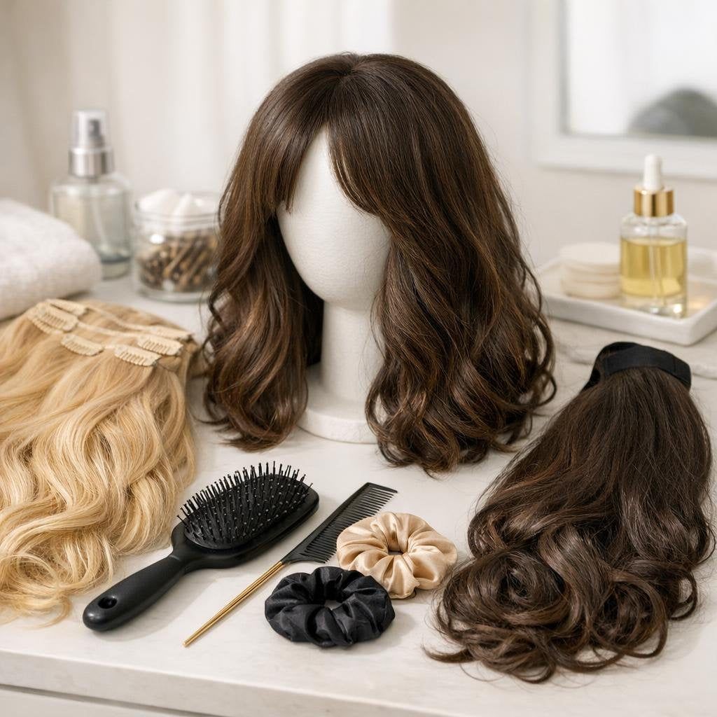 Hair extensions and lace front wigs with accessories