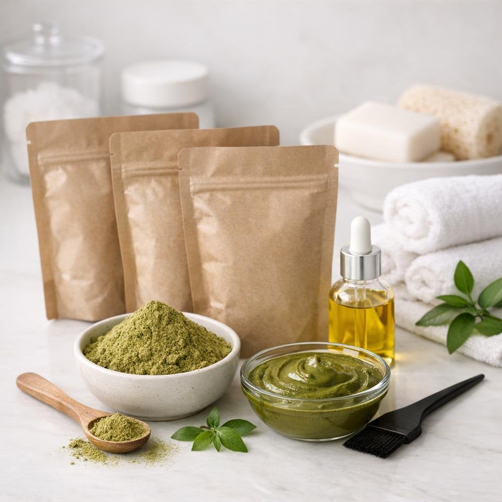 Henna hair colour powders with mixing bowl and brush
