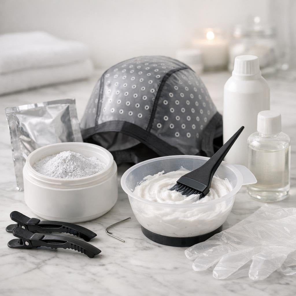 Hair highlighting kit with foils, bowl, and brush
