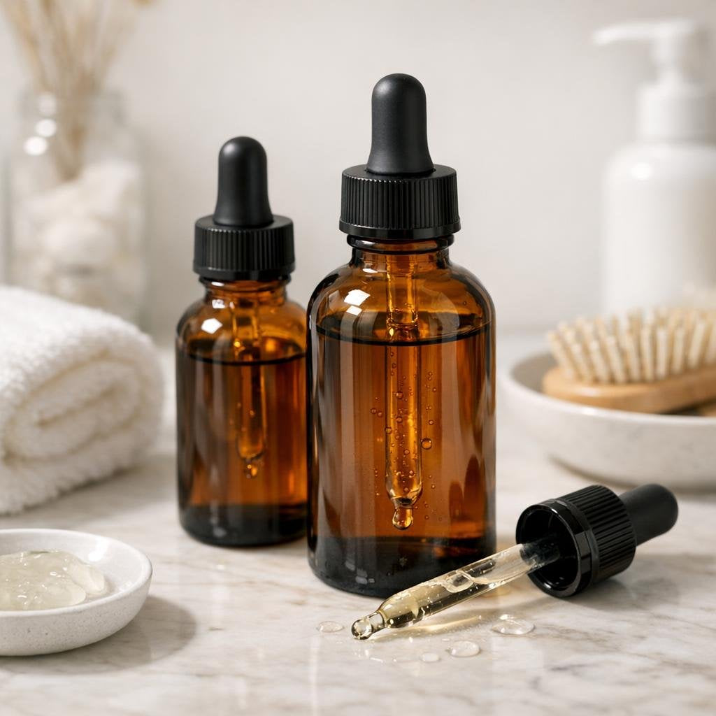 Hair regrowth tonic bottles for scalp support and thinning hair