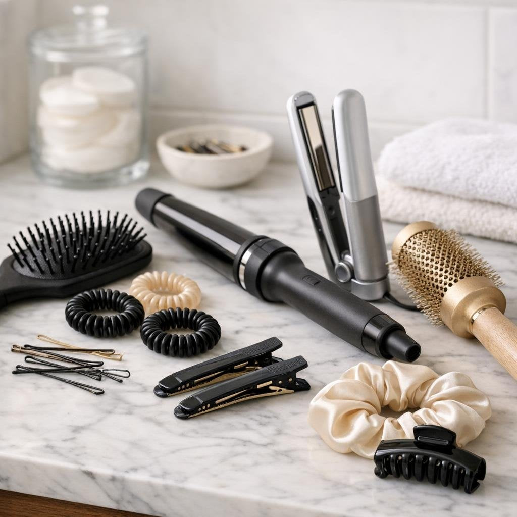 Assorted hair styling accessories: pins, combs, brushes, gloves