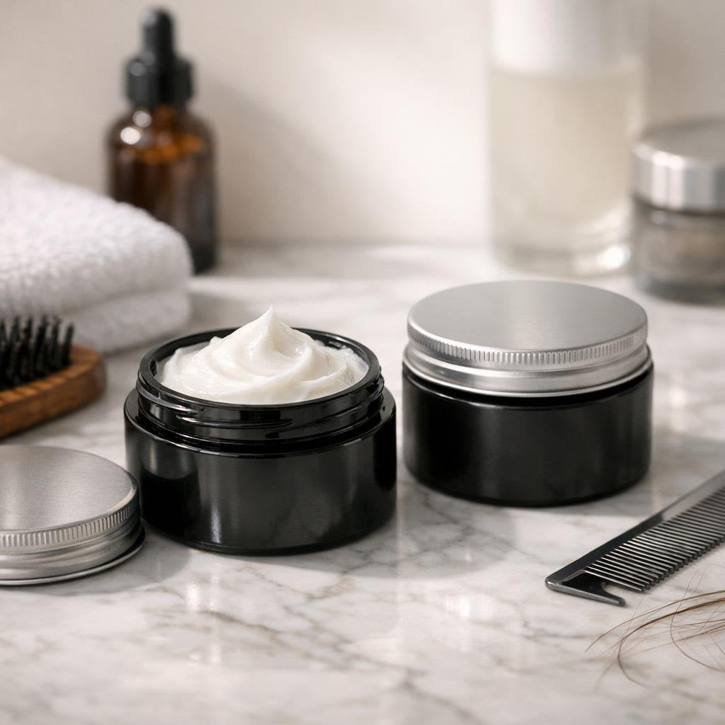 Classic slick-back hair finished with high-shine pomade