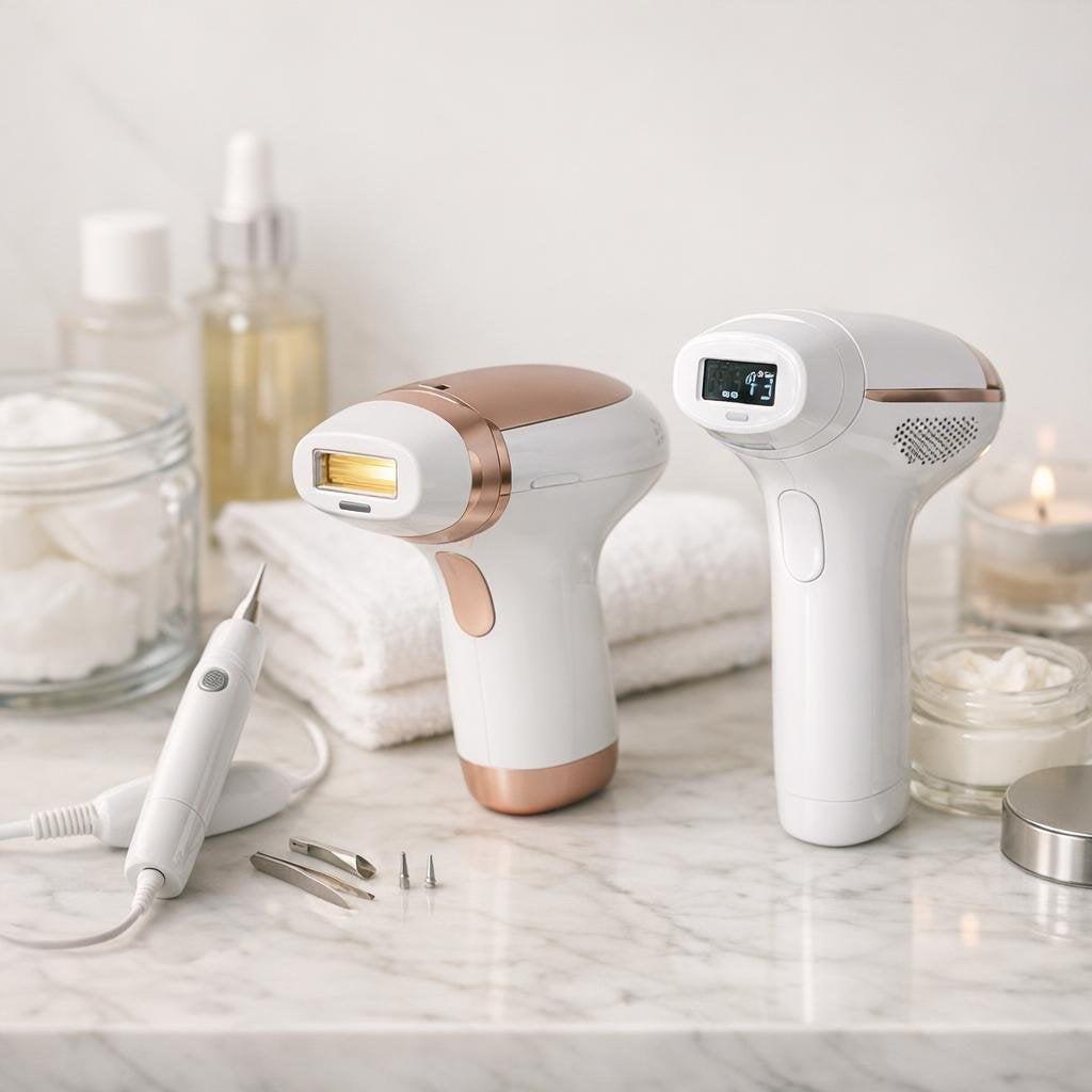 Laser and IPL hair removal tools arranged on a counter