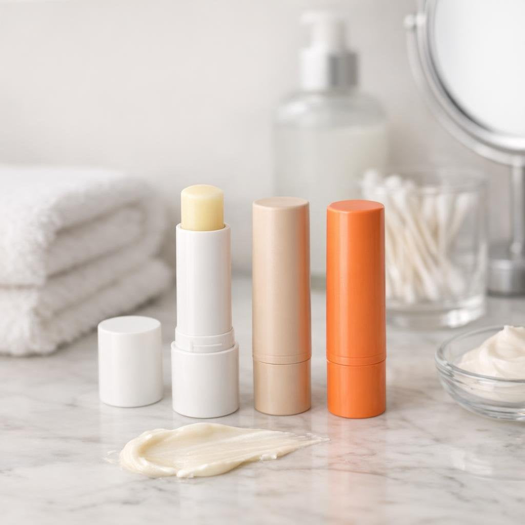 Assorted SPF lip sunscreen balms on a clean background
