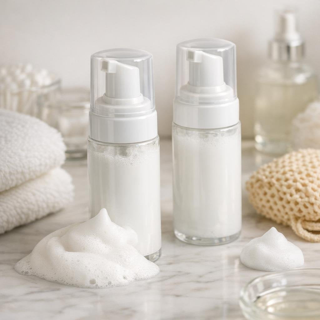Foaming makeup cleanser bottle by sink for everyday cleansing