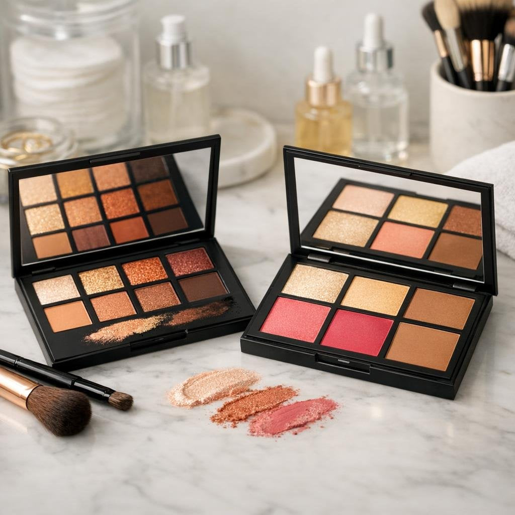 Makeup palettes featuring eyeshadow, blush, contour and highlight shades