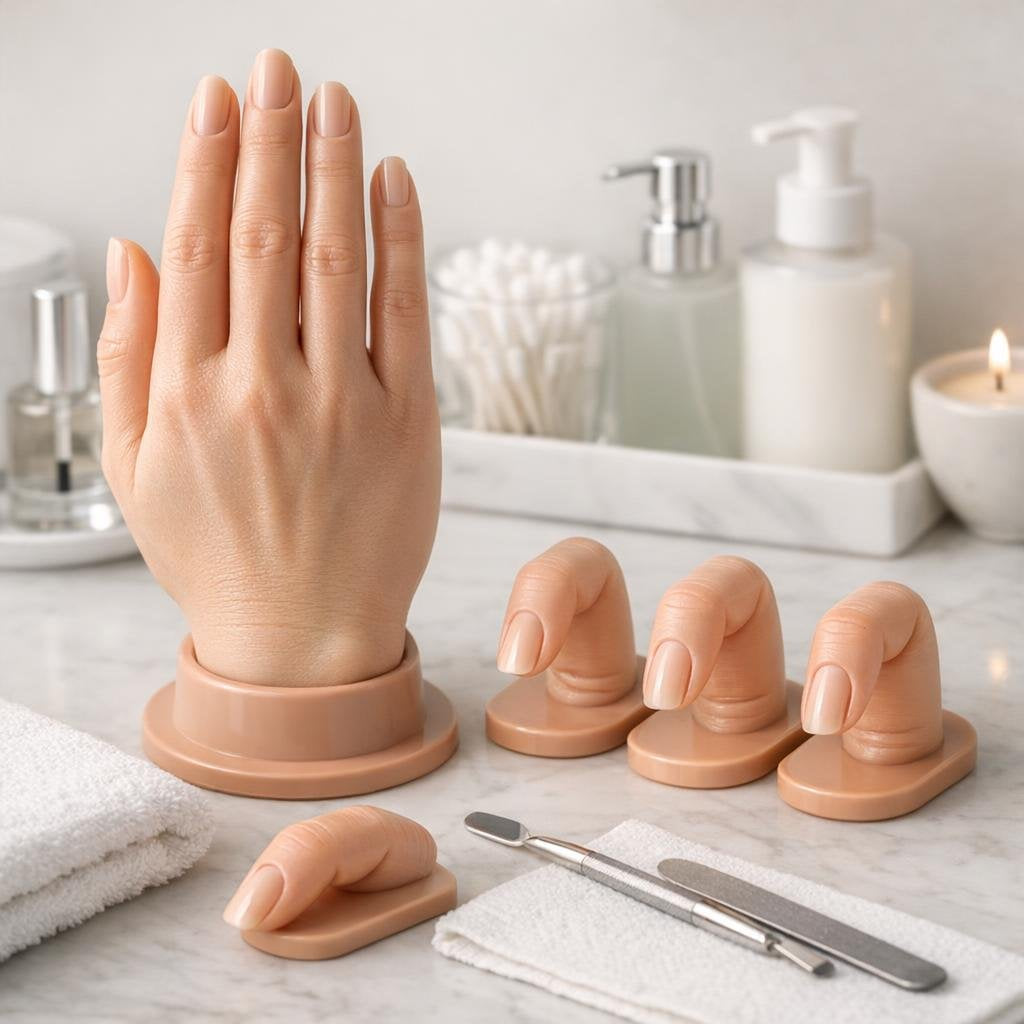 Manicure practice hand and fingers with nail tips