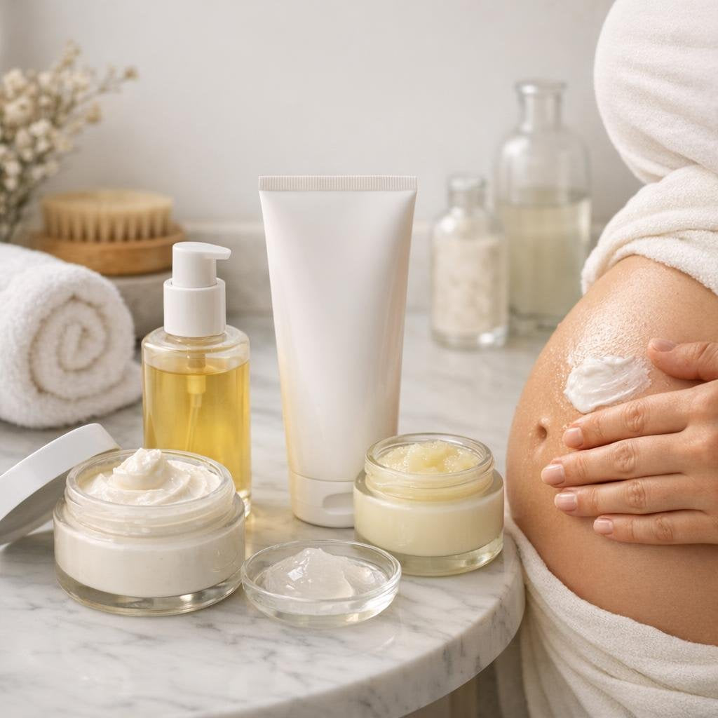 Maternity skincare essentials with gentle cleanser and rich moisturizer