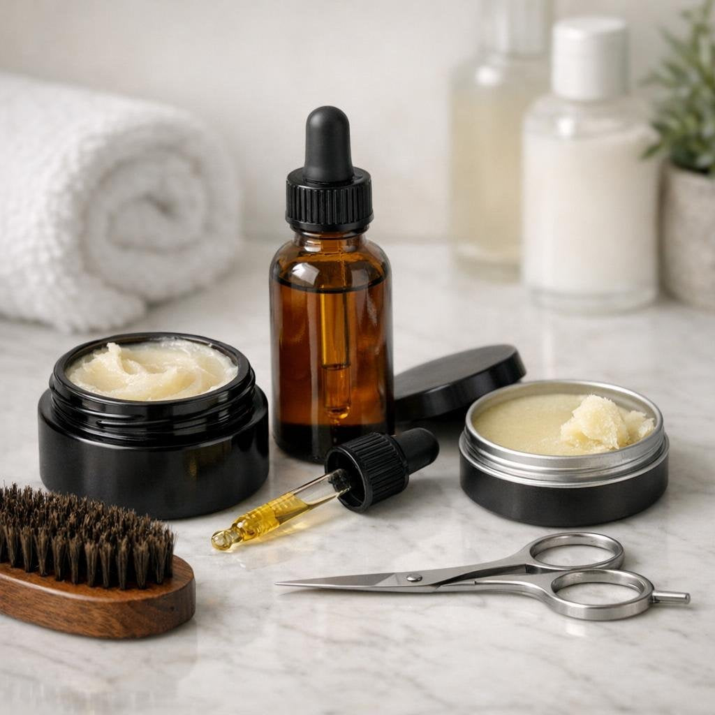 Men’s beard and mustache grooming tools and oils