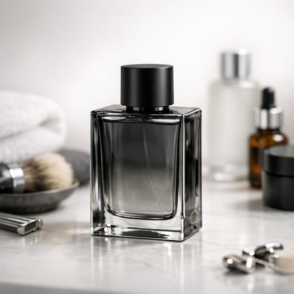 Assorted men’s cologne bottles in fresh woody profiles