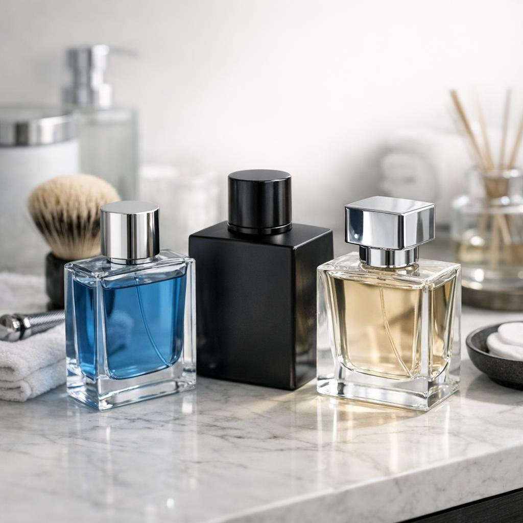 Men’s fragrance bottles with fresh and woody profiles