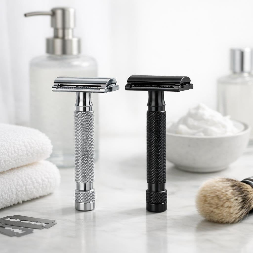 Men’s double-edge safety razor with textured handle
