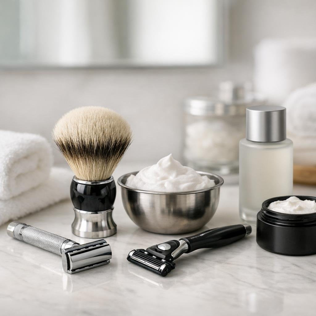 Men’s shaving accessories with brush, soap, gel, and tools