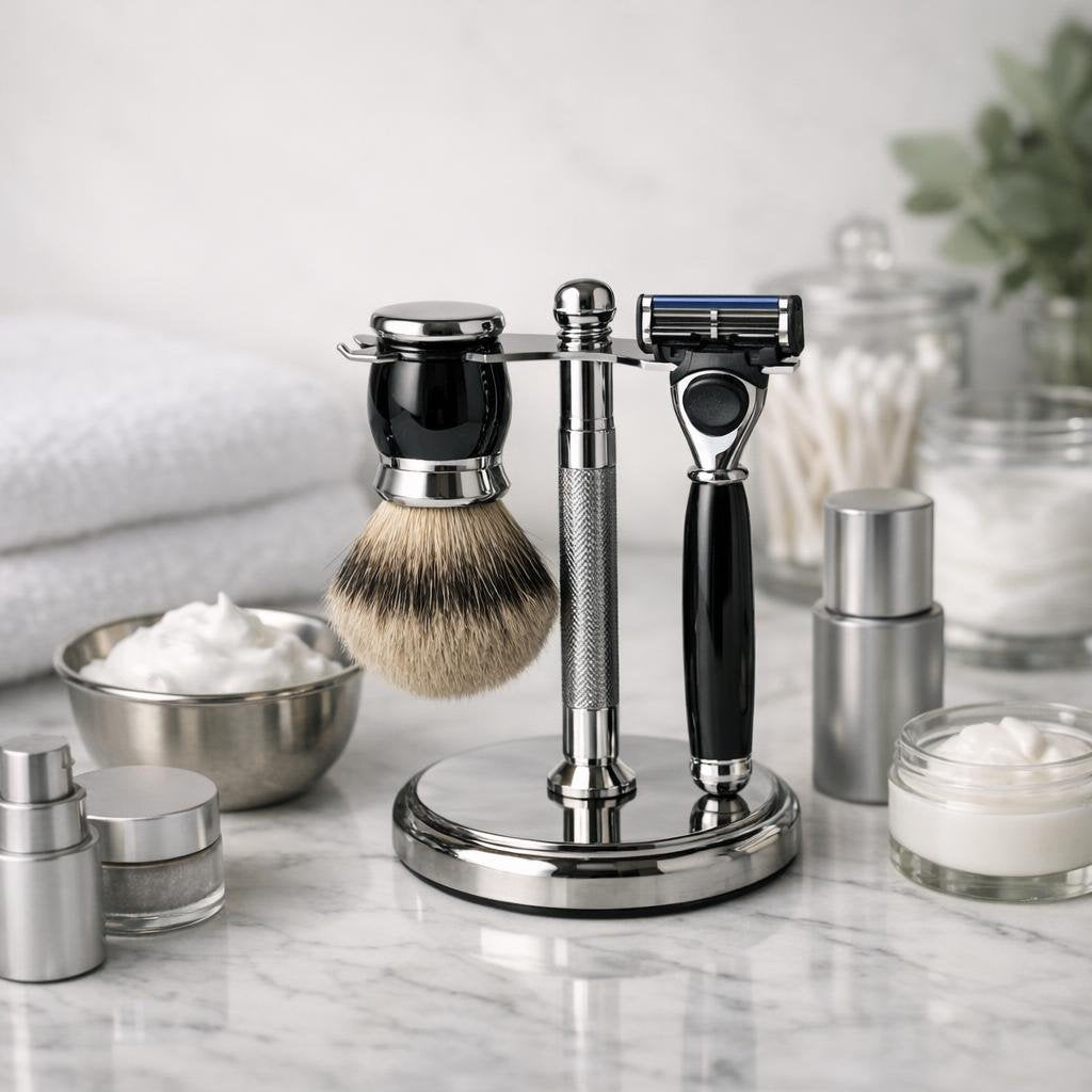 Men’s shaving kit with brush, soap, and accessories