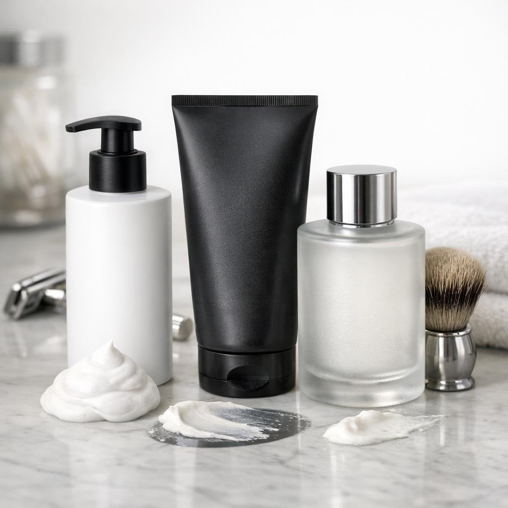 Men’s shaving lotion with razor and shaving brush