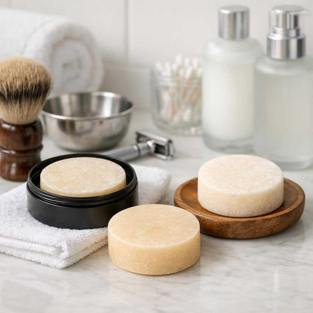 Men’s shaving soap puck with brush and lather bowl