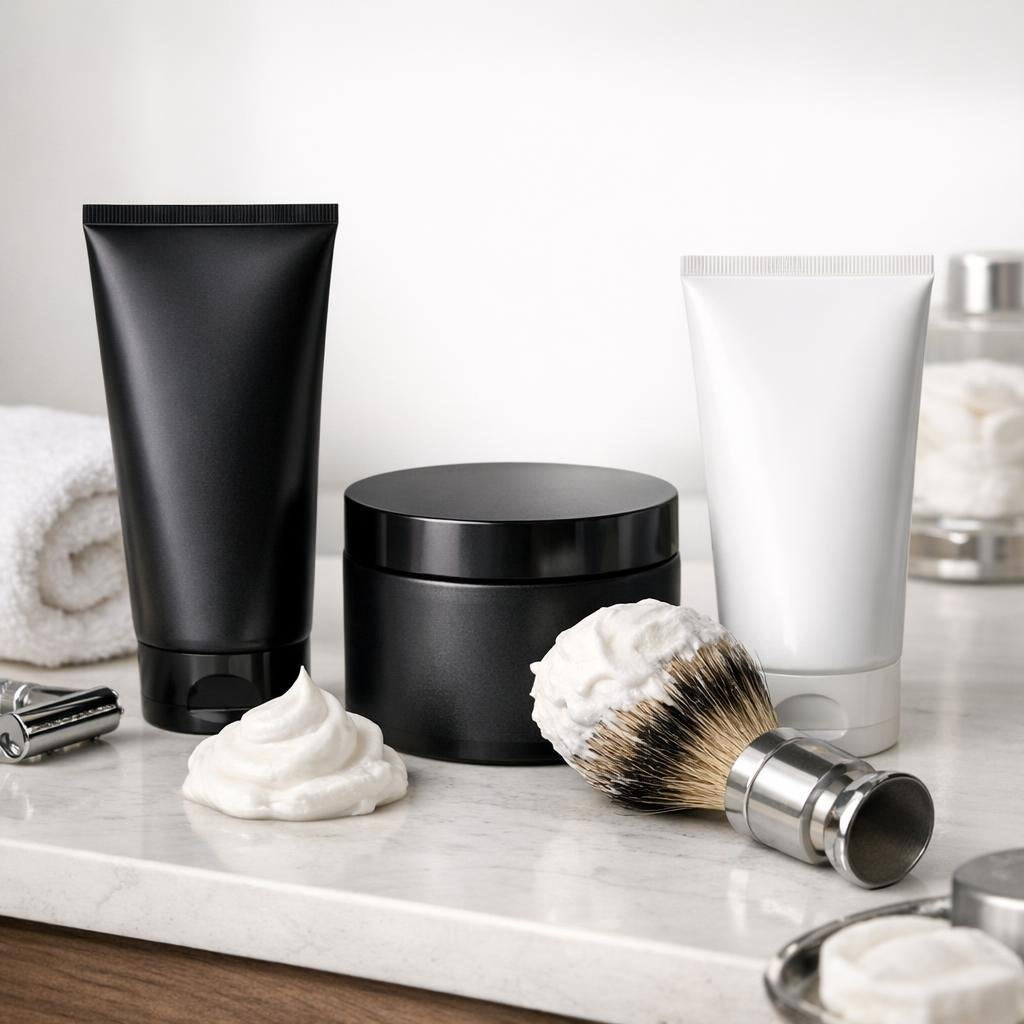 Men’s shaving cream lather with brush and razor