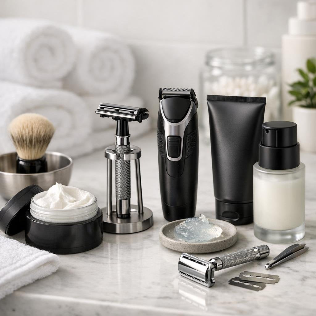 Men’s shaving kit with creams, brush, and trimmer