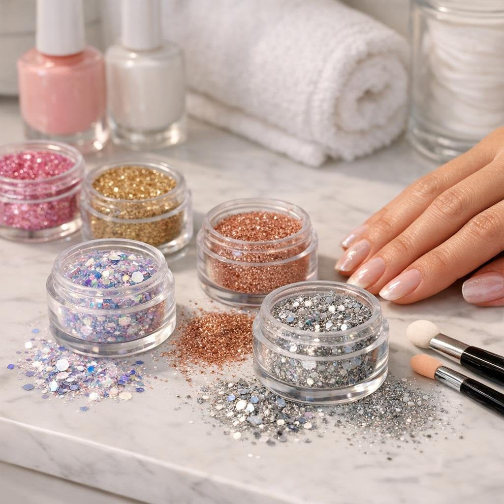 Assorted nail art glitters for gel and polish designs