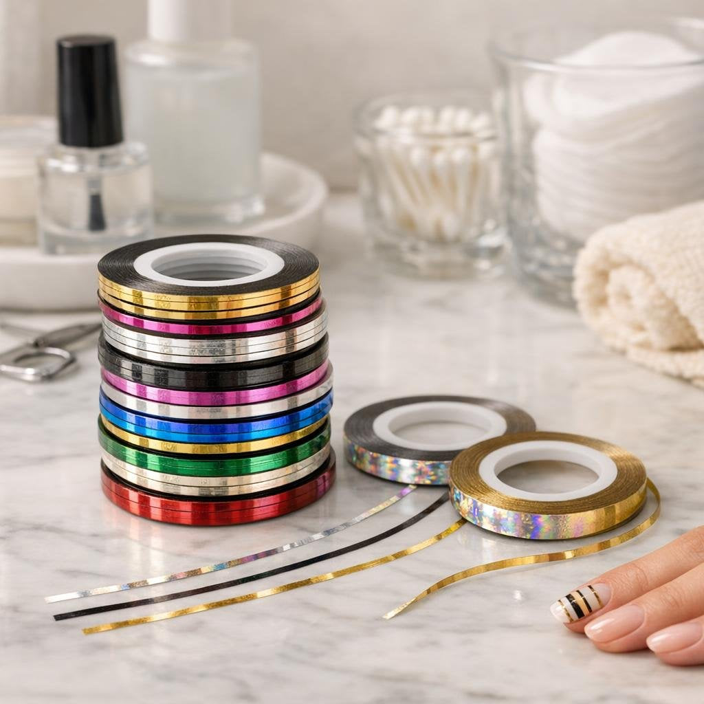 Metallic striping tape lines for crisp nail designs