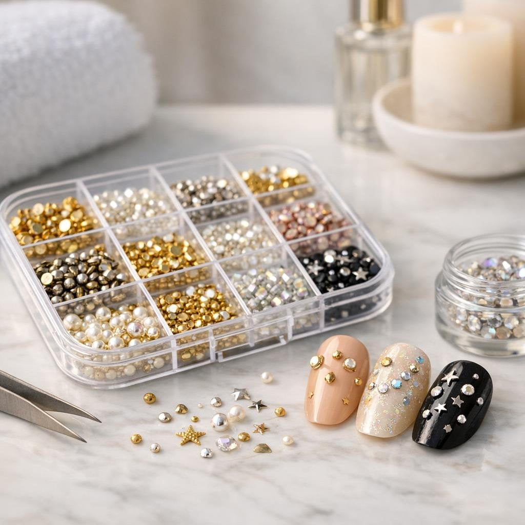 Metallic nail art studs for 3D manicure accents