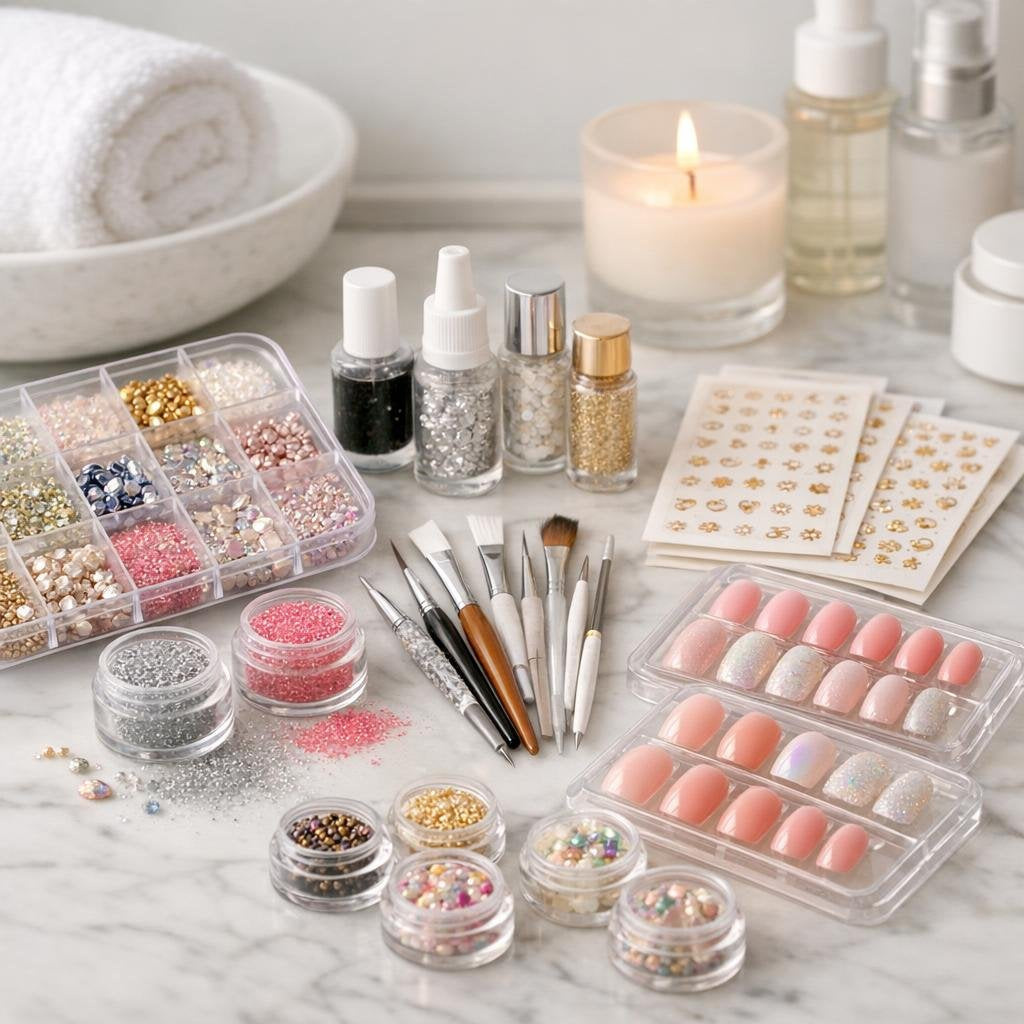 Nail decoration kit with gems, brushes, pens, glue