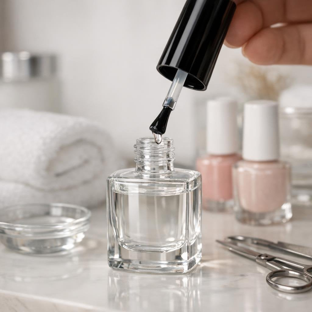 Clear glossy nail polish top coat brush applicator