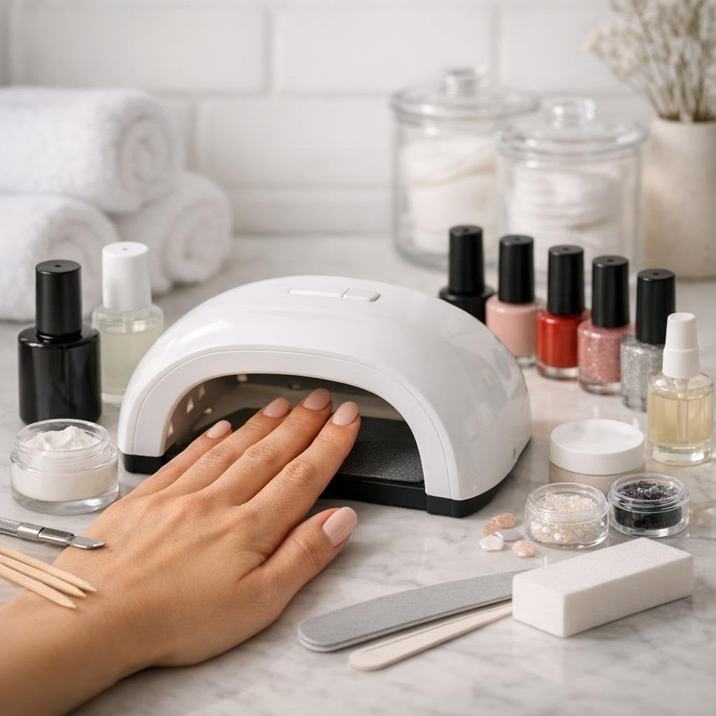 Nail studio set with files, brushes, tips and glue