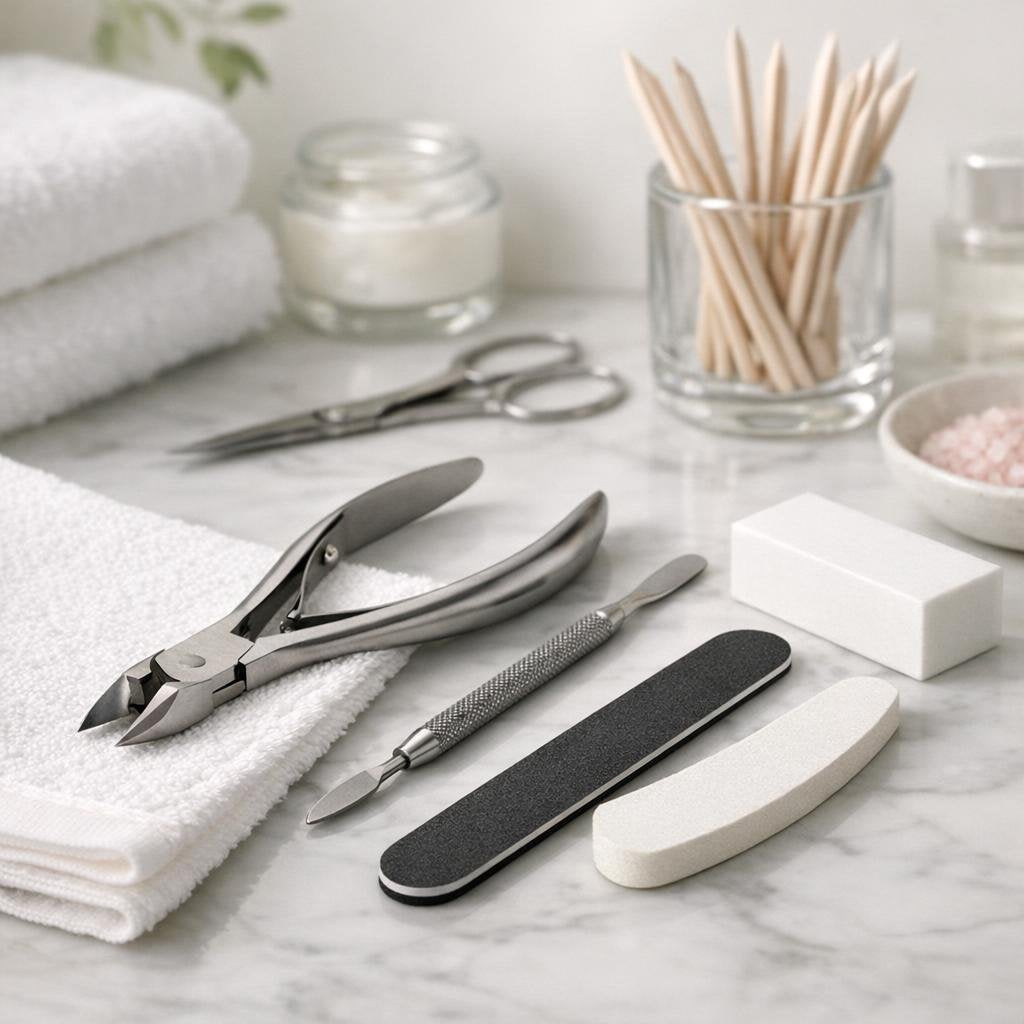 Professional nail tools for filing, clipping, and cuticle prep