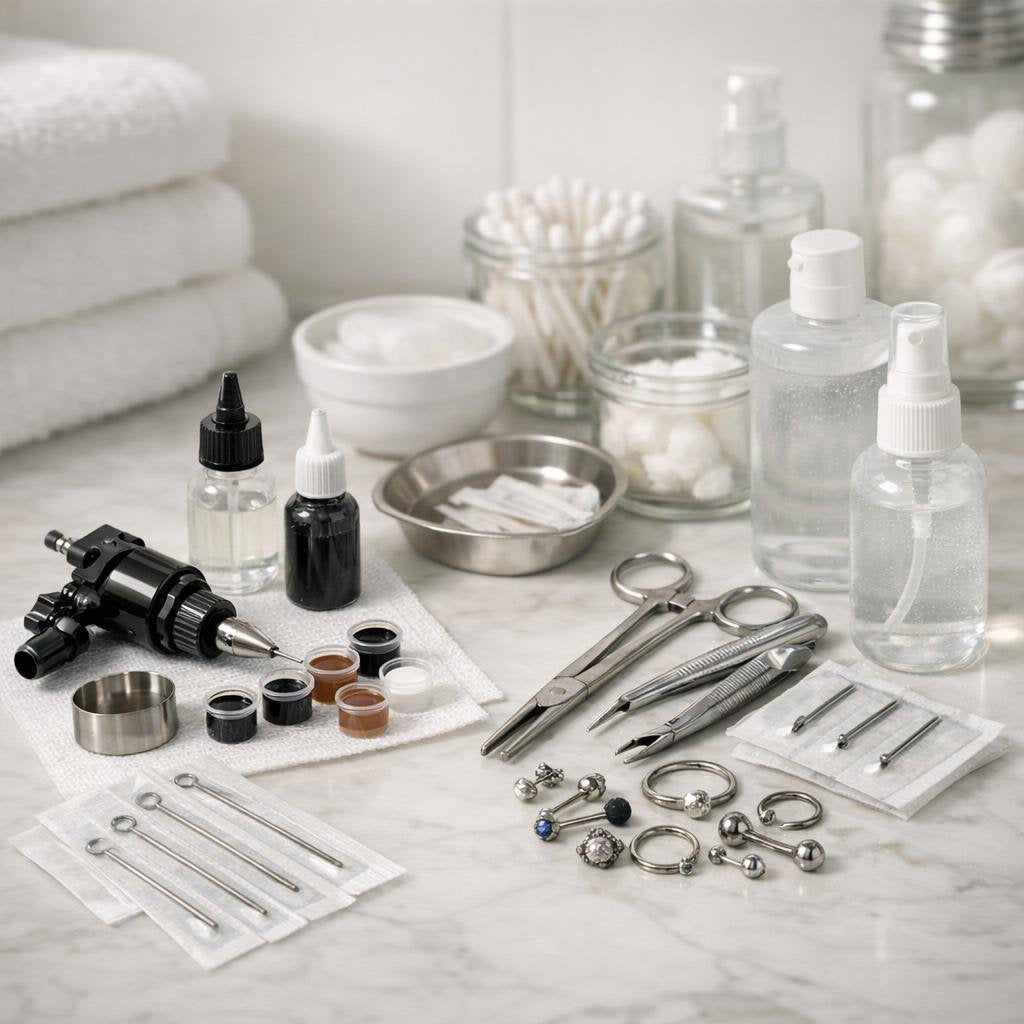 Piercing needles, tattoo inks, machines, and parts assortment
