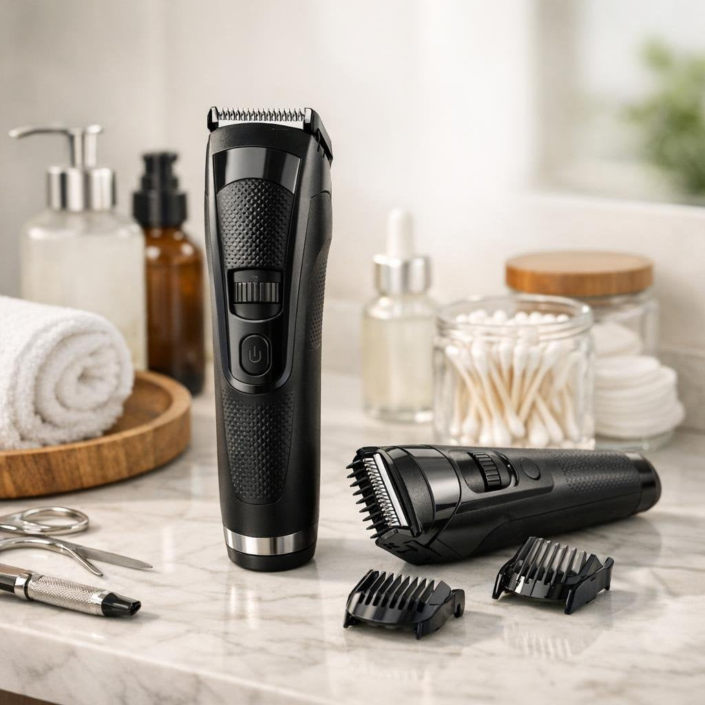 Precision beard trimmer with adjustable guard and clean edges