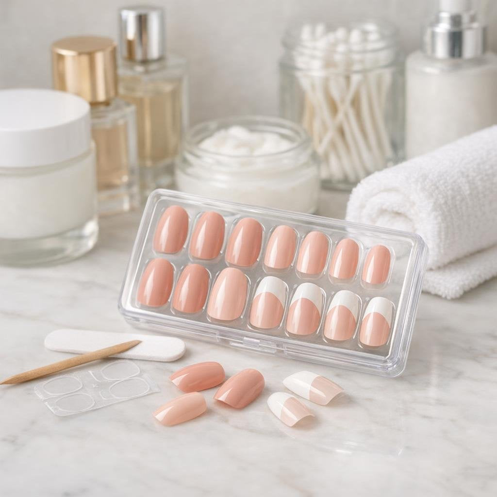 Press-on false nails in nude and French tip styles