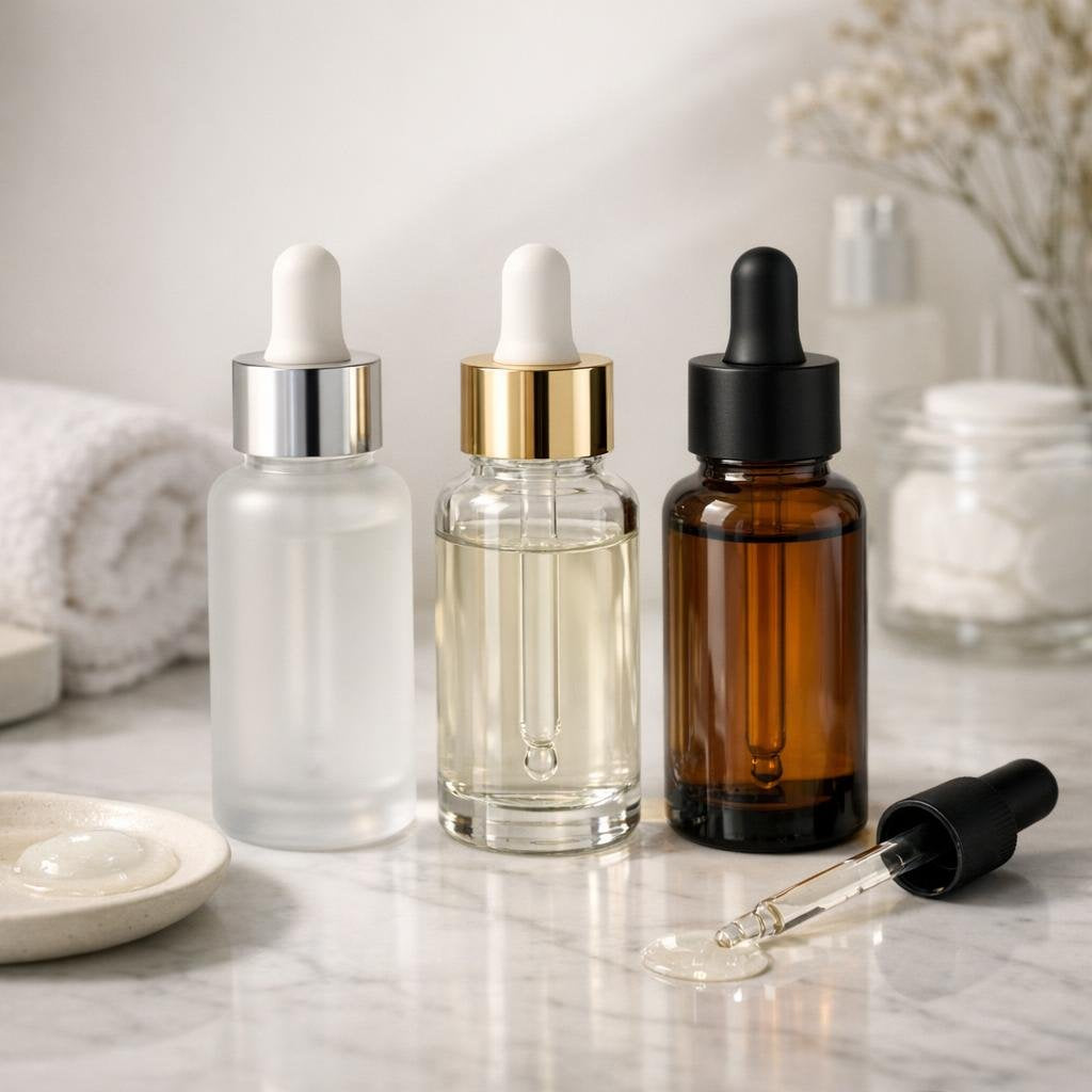 Refillable cosmetic droppers for serums and facial oils