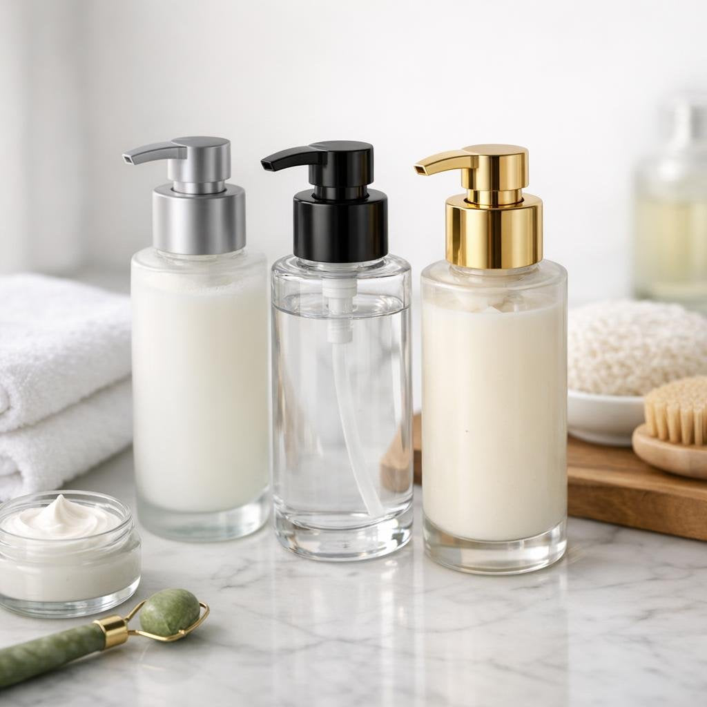 Refillable cosmetic pump dispensers for tidy bathroom routines