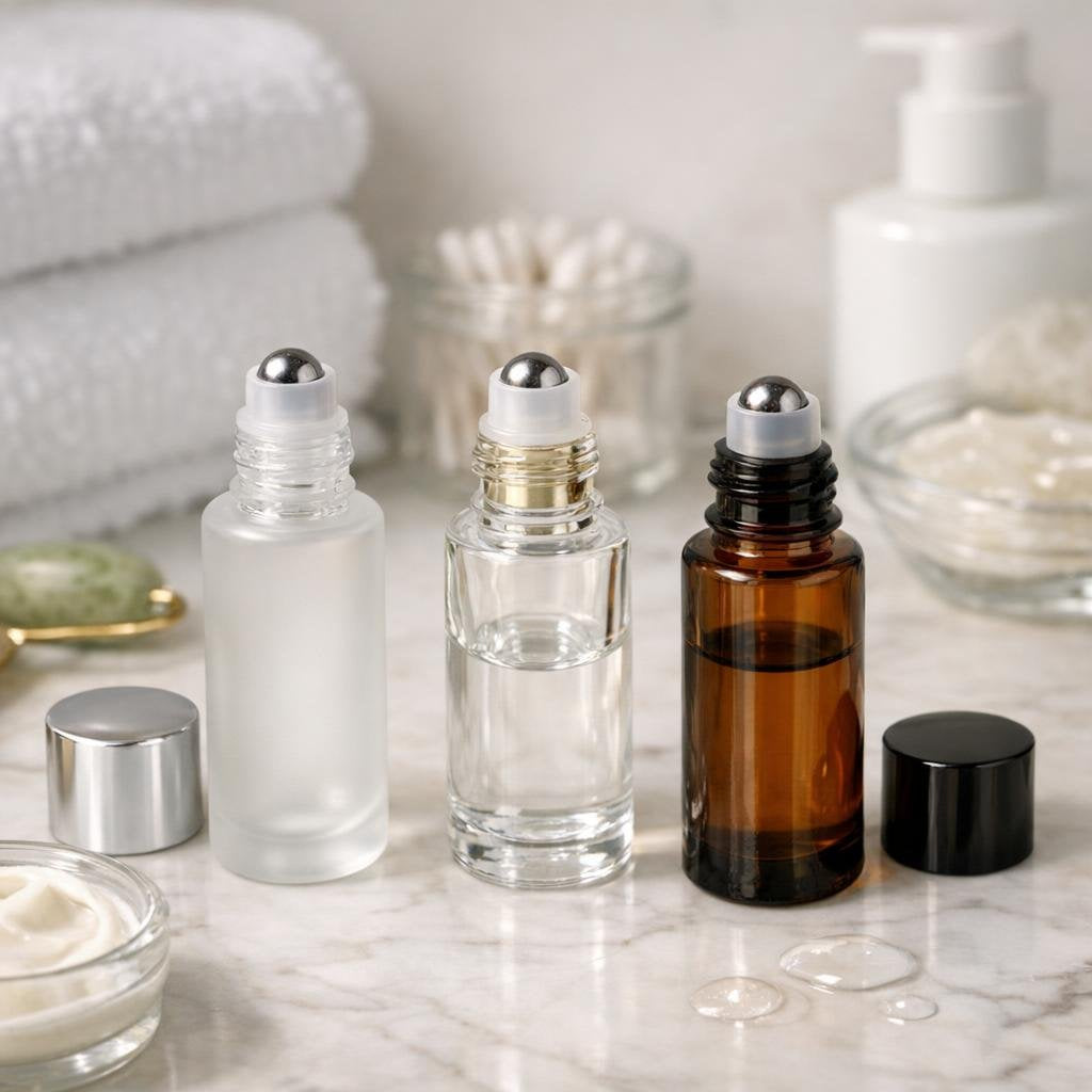 Refillable cosmetic roller bottles for oils and serums