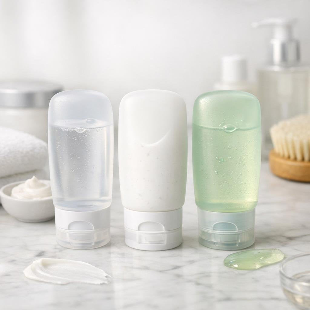 Leak-resistant refillable squeeze bottles for travel and home