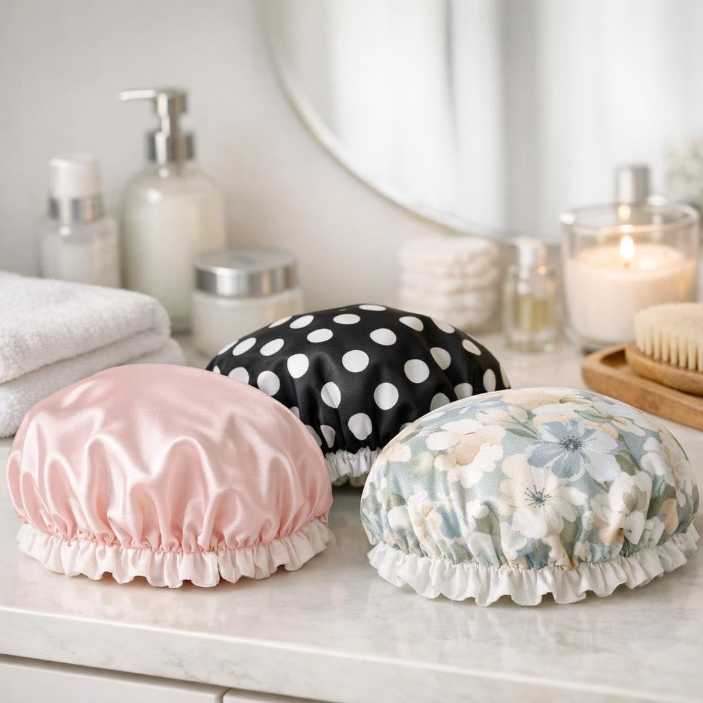 Reusable shower caps designed to keep hair dry