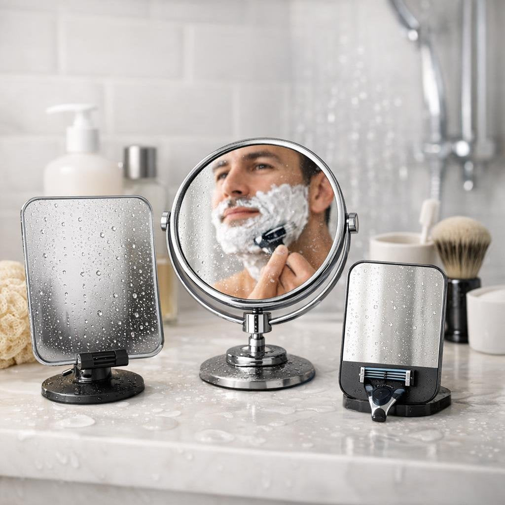 Fog-resistant shower mirror for shaving in a steamy bathroom