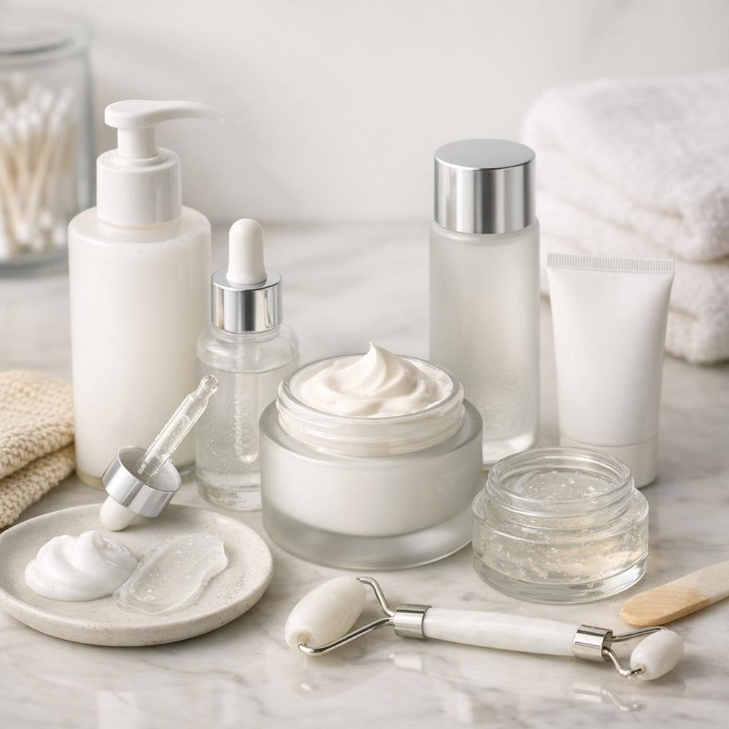 Skin care set with cleanser, serum, toner and moisturizer