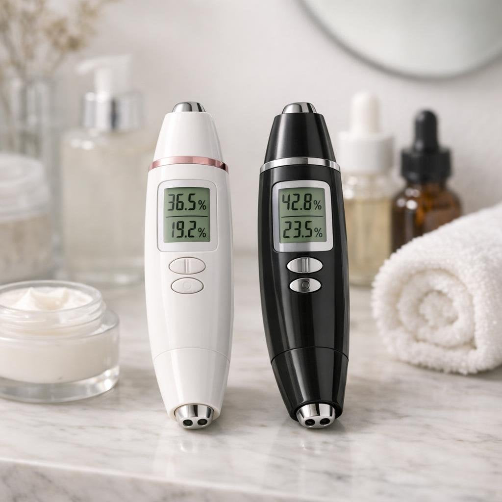Digital skin moisture analyzer checking hydration on cheek