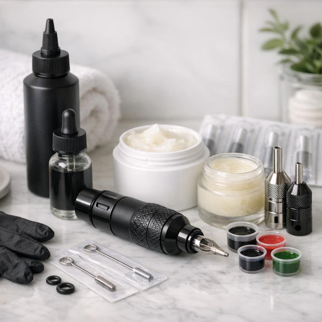 Professional tattoo supplies: inks, needles, machines, and parts