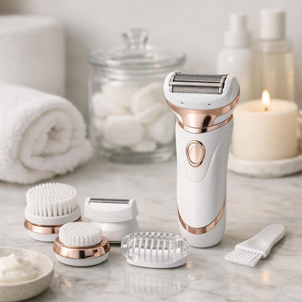 Women’s electric shaver accessories with foils, guards, and case