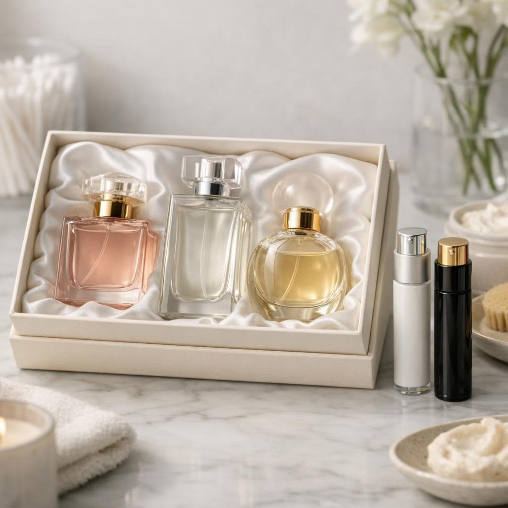 Women’s fragrance sets with perfume, mini spray, and lotion