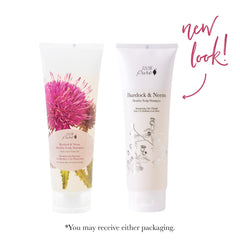 Ingredient panel highlights burdock and neem in 100% PURE formula