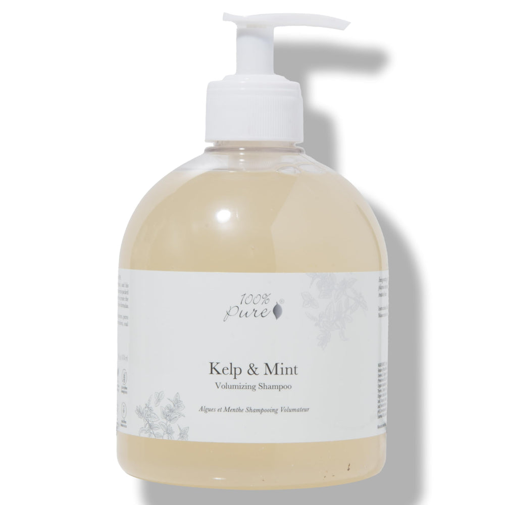 100% PURE Kelp & Mint Shampoo bottle for sulfate-free cleansing and vibrant hair.