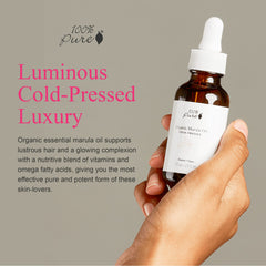 Ingredients shot of 100% PURE Marula Oil with vitamins E and C for skin vitality