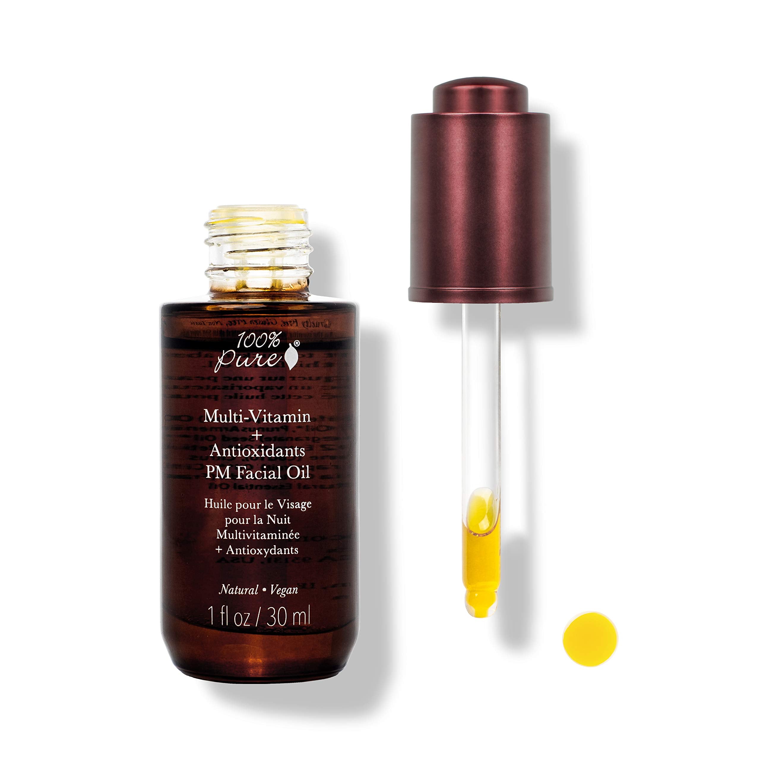 100% Pure Multi-Vitamin + Antioxidants PM Oil bottle for nightly routine.