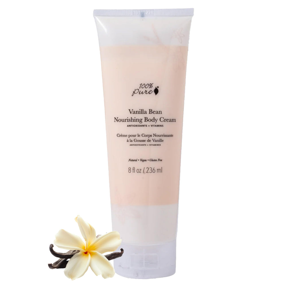 100% PURE Nourishing Body Cream Vanilla Bean bottle front shows premium hydration for all skin types.