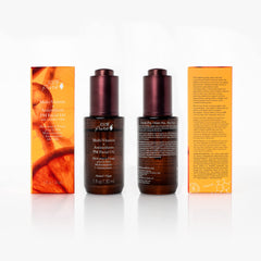 Closeup of 100% Pure PM facial oil dispenser for easy night-time use.